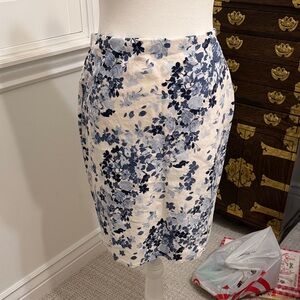 Anthropologie Cream Pencil Skirt with Blue Floral Print